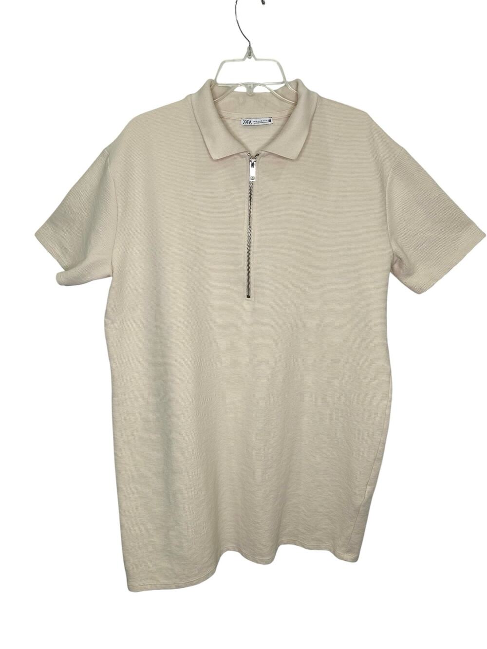 Zara Oversized Cream Ribbed Polo Dress Half Zip Casual Knit Minimalist XL